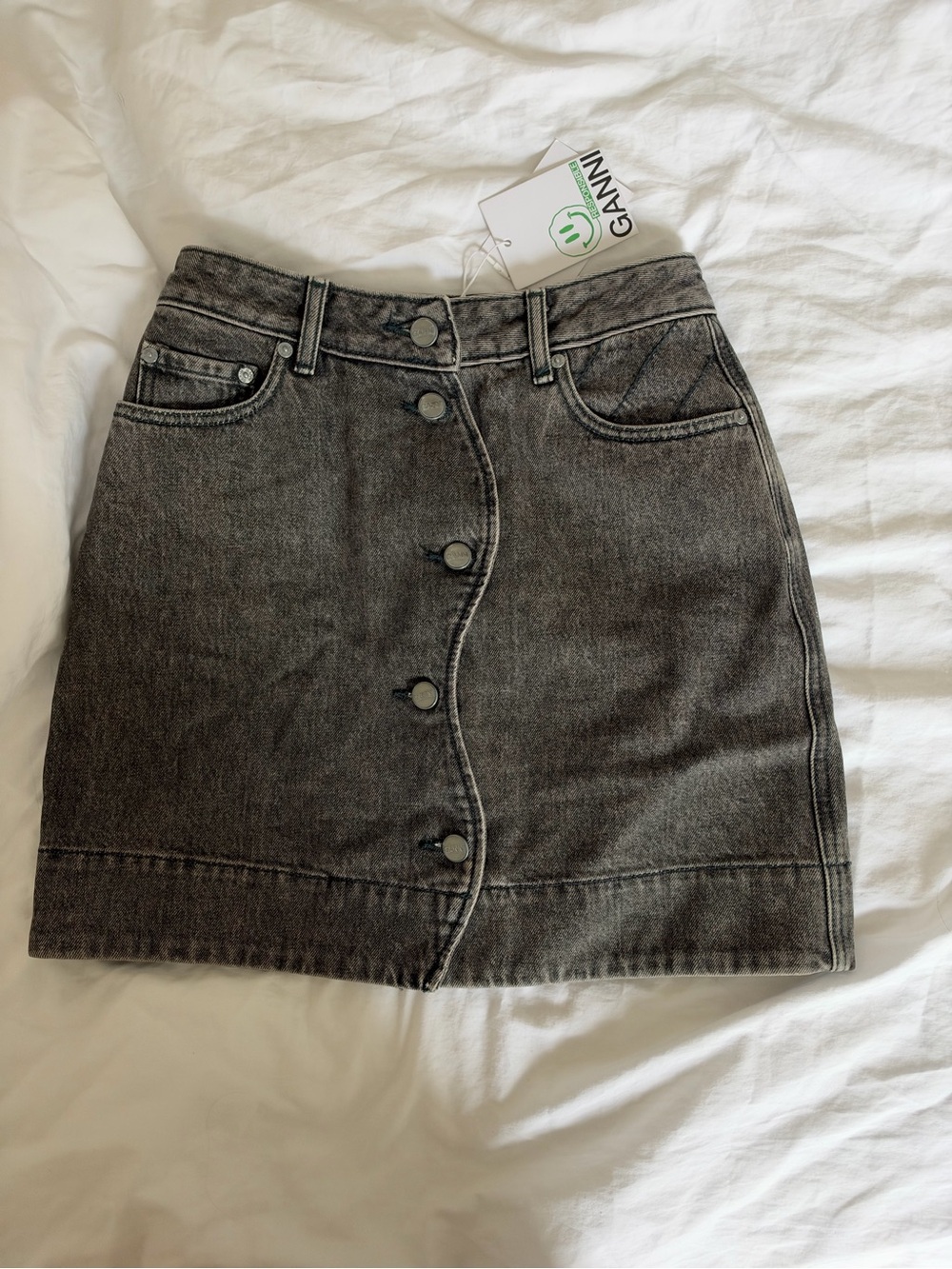 Ganni Black Washed Denim Button-Front Mini Skirt